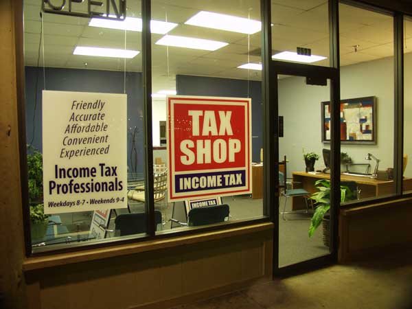 The Tax Shop office door with the red Tax Shop sign, Dry Creek Road office, 2011